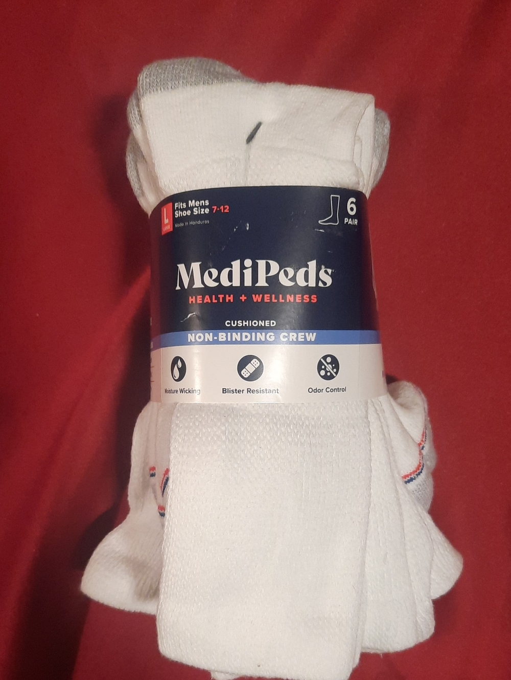 MediPeds Men's Cushioned Non-Binding Crew Socks Blister Resistant White (6 Pack)